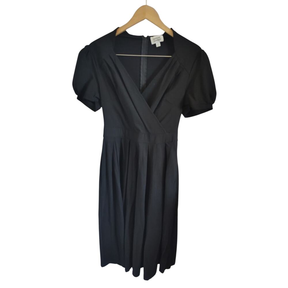 Unique Vintage Black Fit & Flare Dress Puff Sleeve Faux Wrap Retro Pinup Large - Picture 2 of 5